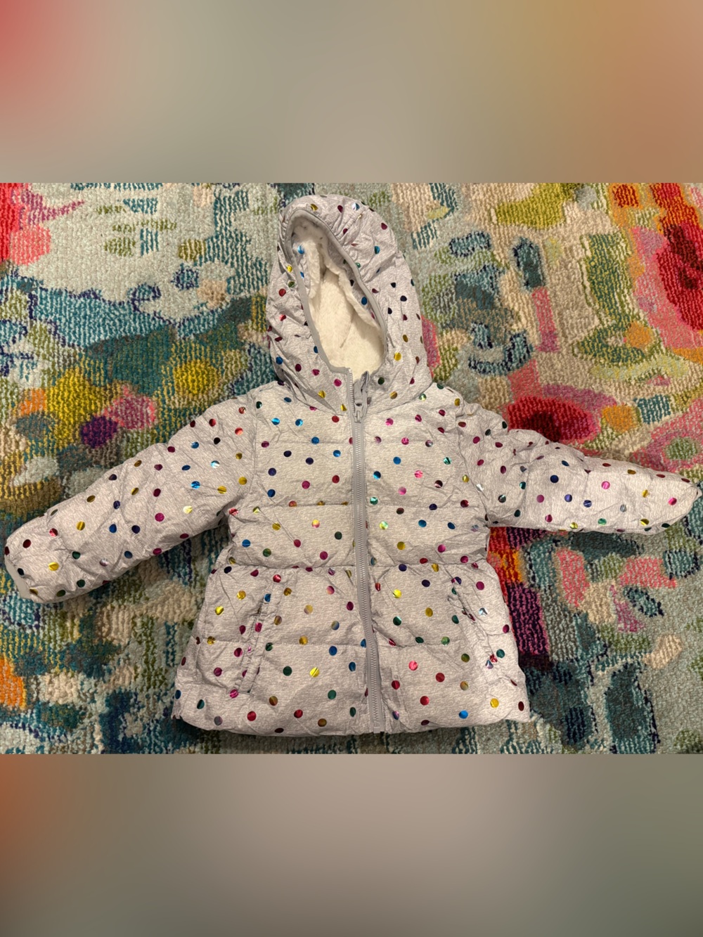 Hooded Puffer Coat with Multicolor Polka Dots